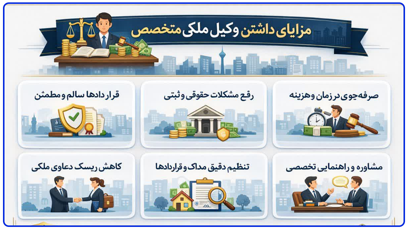 مزایای بهترین وکیل ملکی تهران را در این اینفوگرافی پرداخته شده